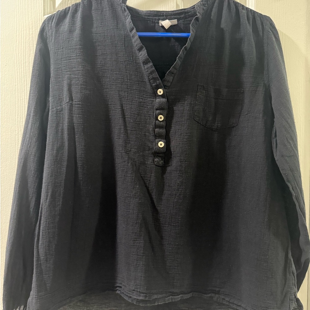 Old Navy Black 100% Cotton Half Buttoned  Blouse Long Sleeve Shirt